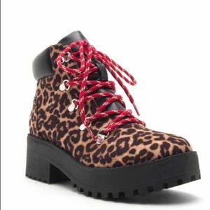 Qupid Camel Leopard lace up booties